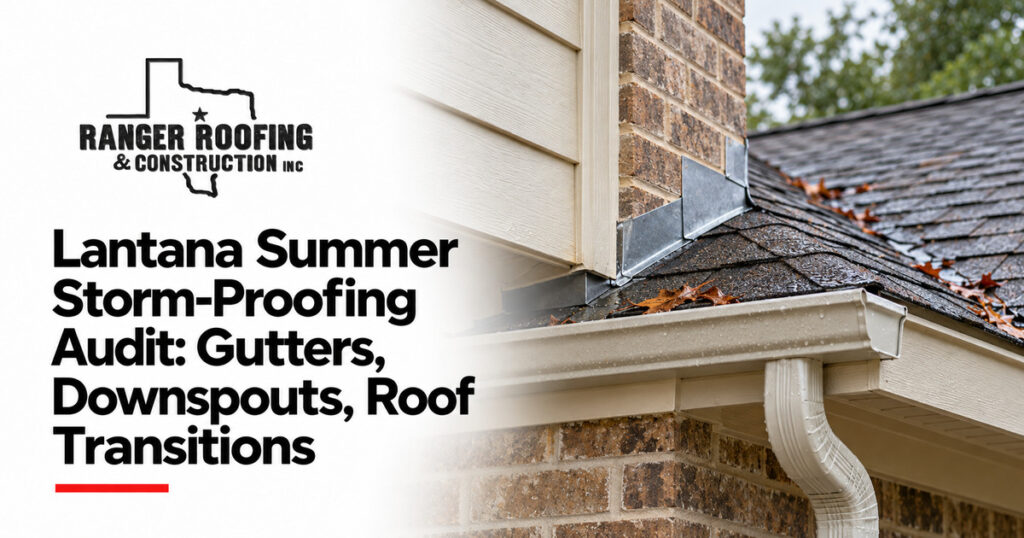 Ranger Roofing & Construction graphic: Lantana Summer Storm-Proofing Audit: Gutters, Downspouts, Roof Transitions