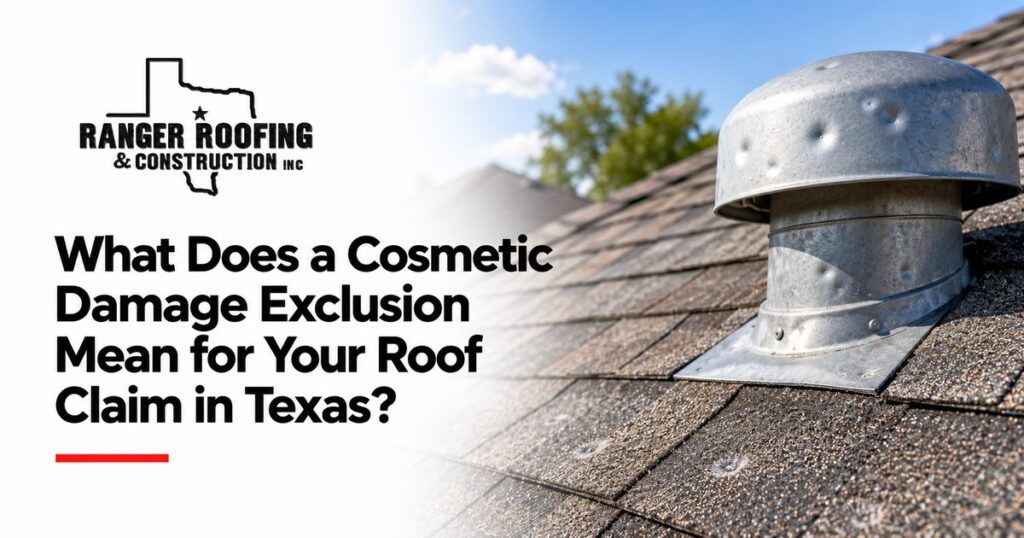 Ranger Roofing graphic about cosmetic damage exclusions for Texas roof claims, showing a dented metal roof vent.