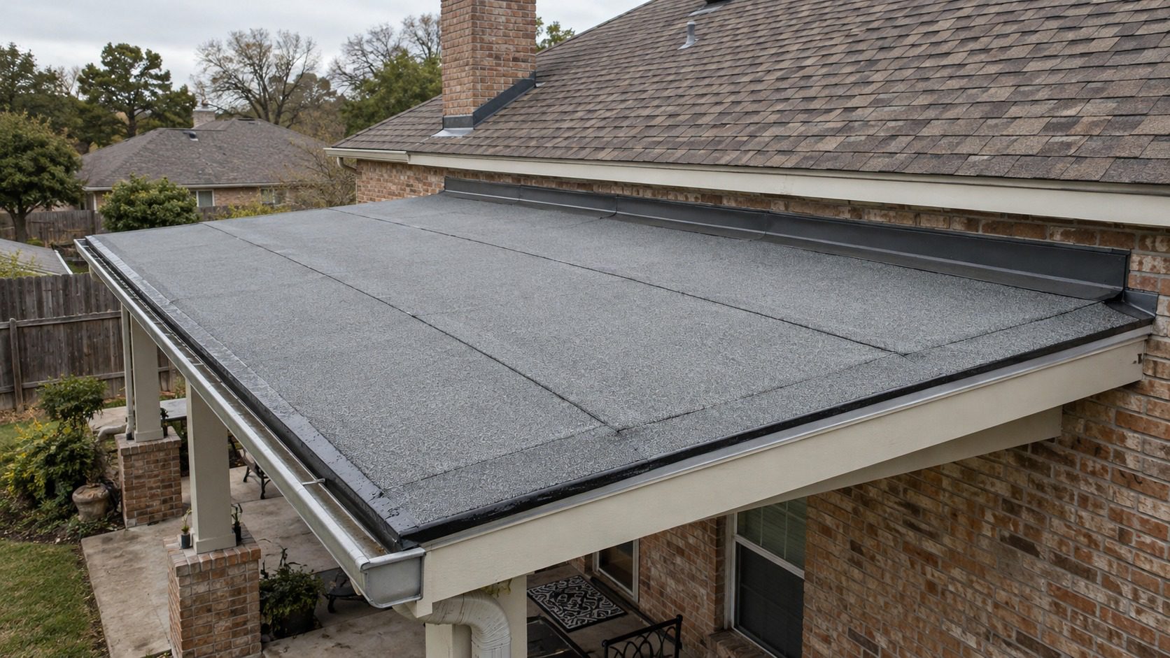 Granule-surfaced modified bitumen membrane on a low-slope brick home porch roof